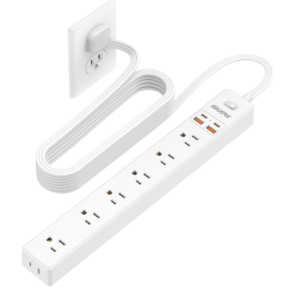 Maxpw power strip with 10 ft flat plug on a desk for easy reach