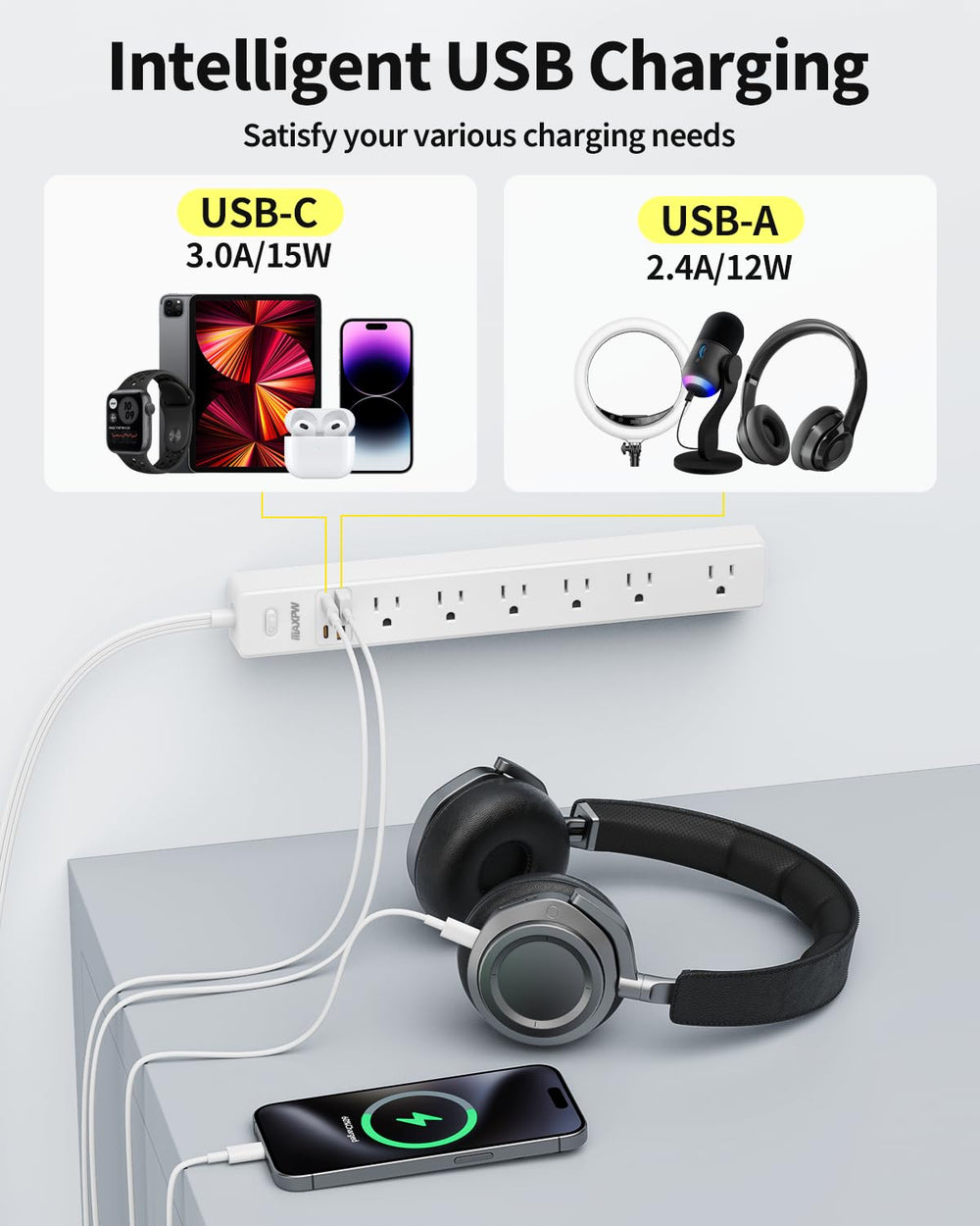Maxpw 10 ft cord reaches devices across a room