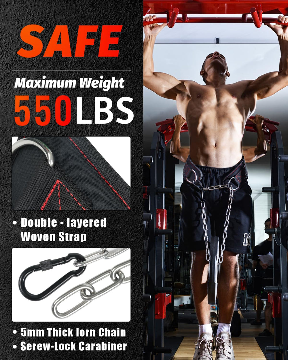 MAXRANK Dip Belt shows locking carabiners for secure weight attachment