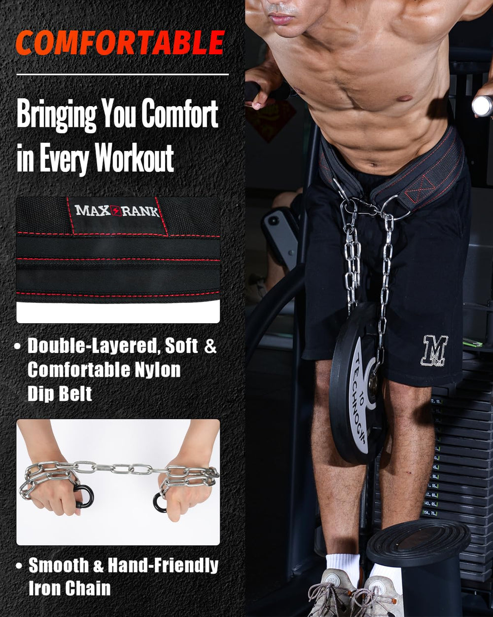 MAXRANK Dip Belt demonstrates waist fit from 22 to 46 inches