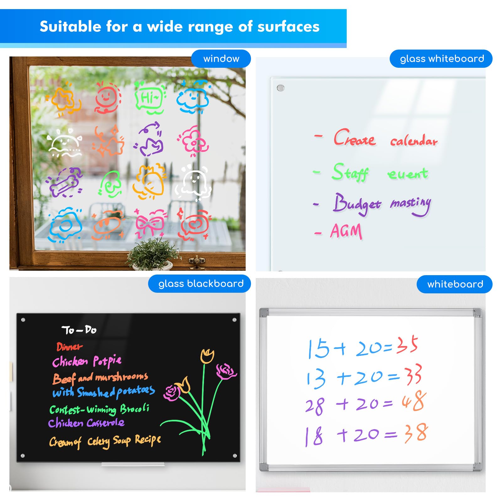 Maxtek neon markers on chalkboard creating crisp contrast.