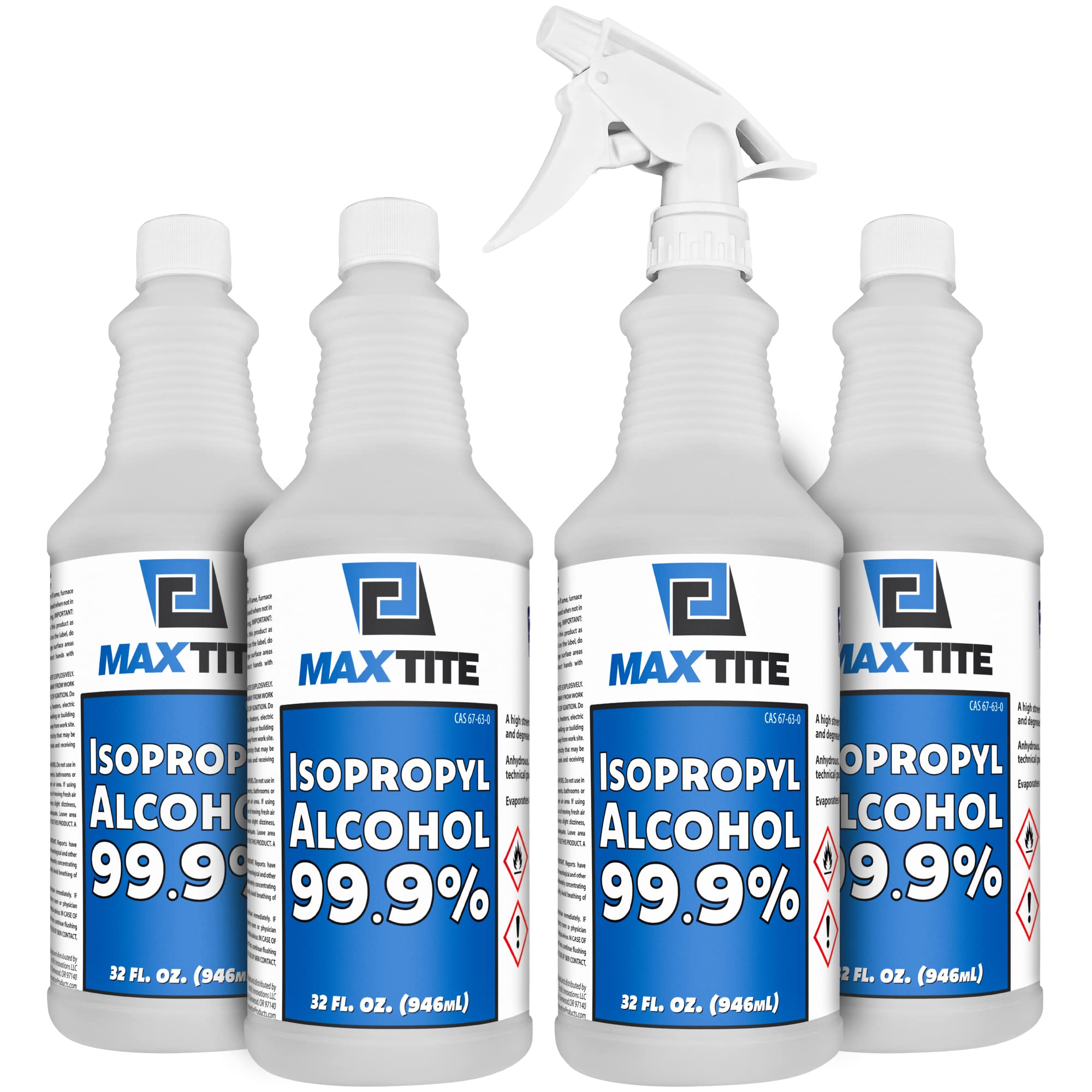 Maxtite 99.9% isopropyl alcohol bottle—high-purity surface cleaner for electronics and labs.