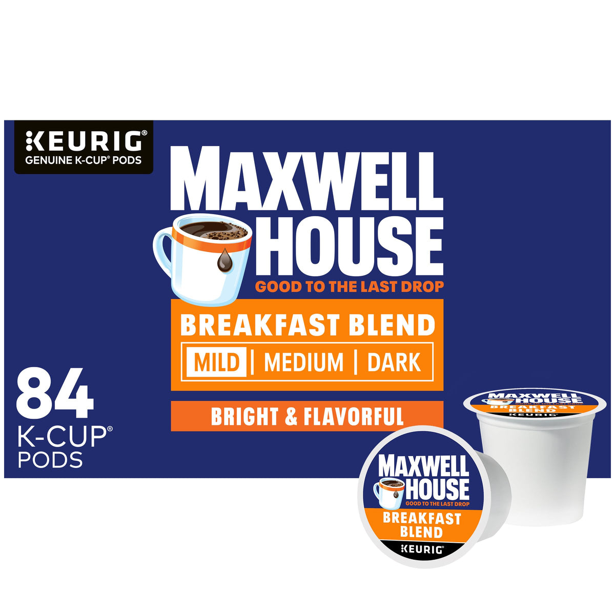 Maxwell House Breakfast Blend Mild Roast box showing 84-count value and convenience