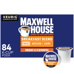 Maxwell House Breakfast Blend Mild Roast box showing 84-count value and convenience