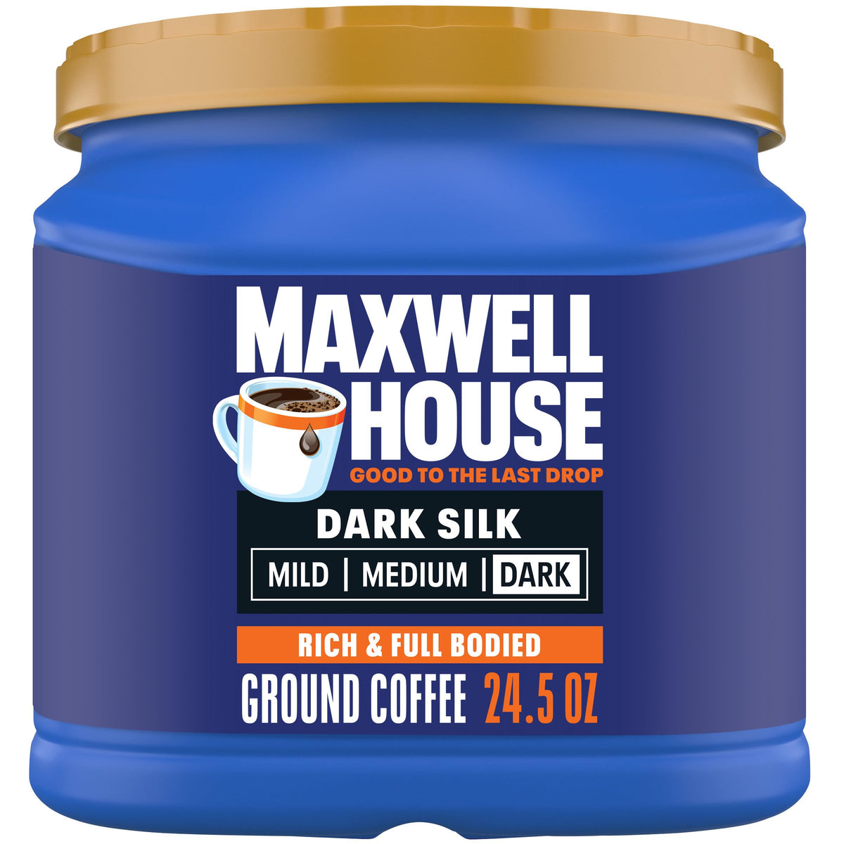 Maxwell House Dark Silk canister front displaying premium roast for everyday mornings.