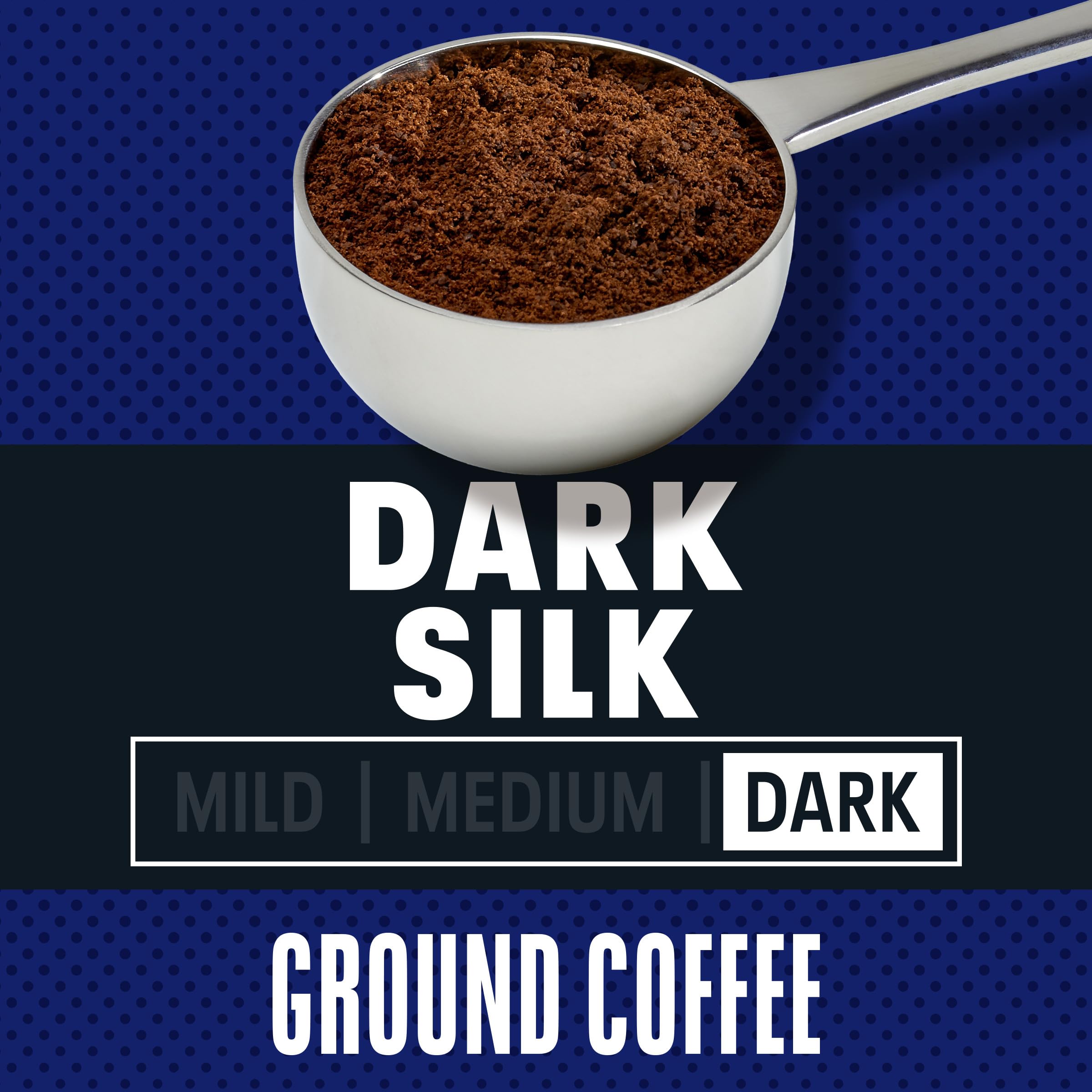 Close up of Maxwell House Dark Silk coffee beans highlighting the dark roast.