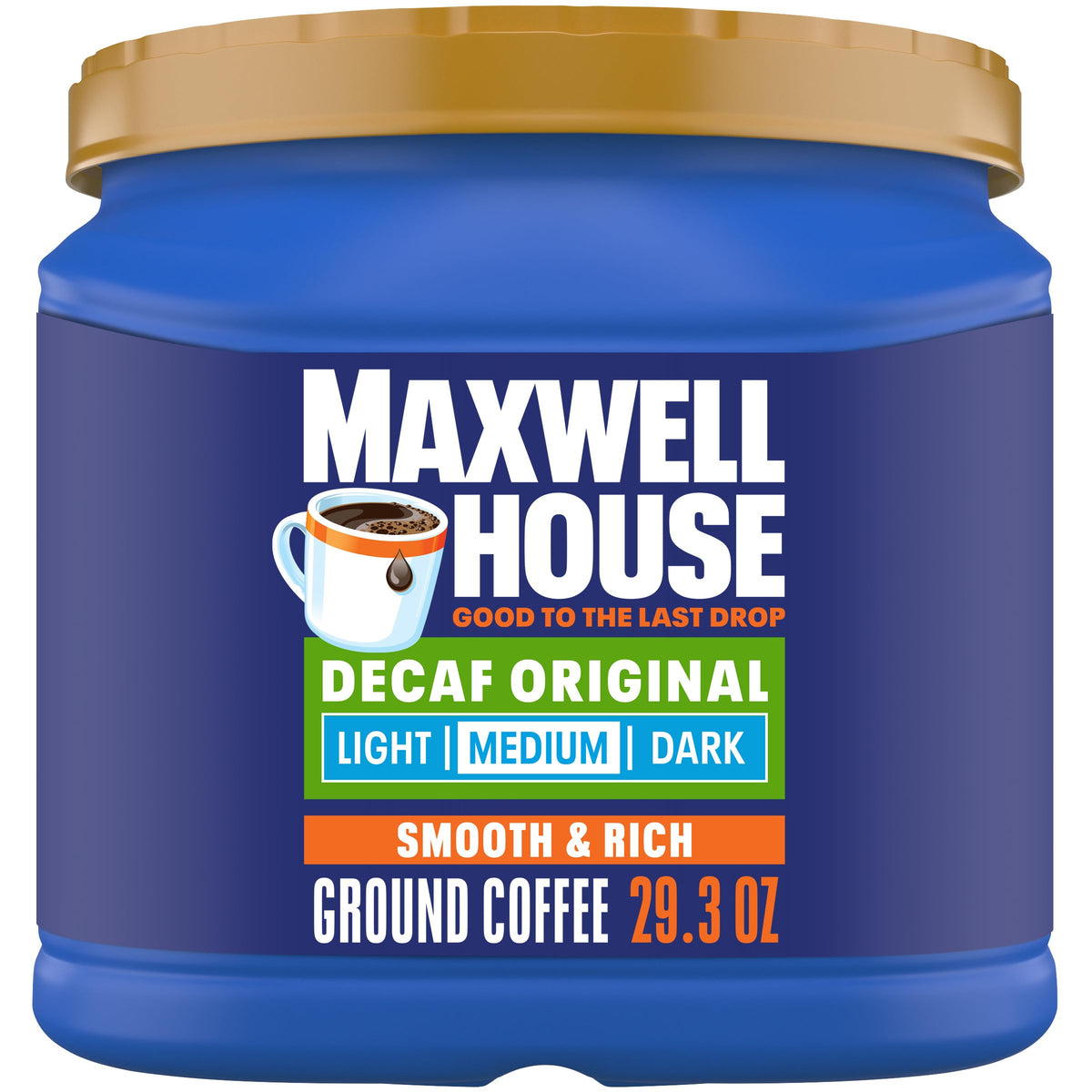 Maxwell House Decaffeinated Original canister front view enables easy daily brewing