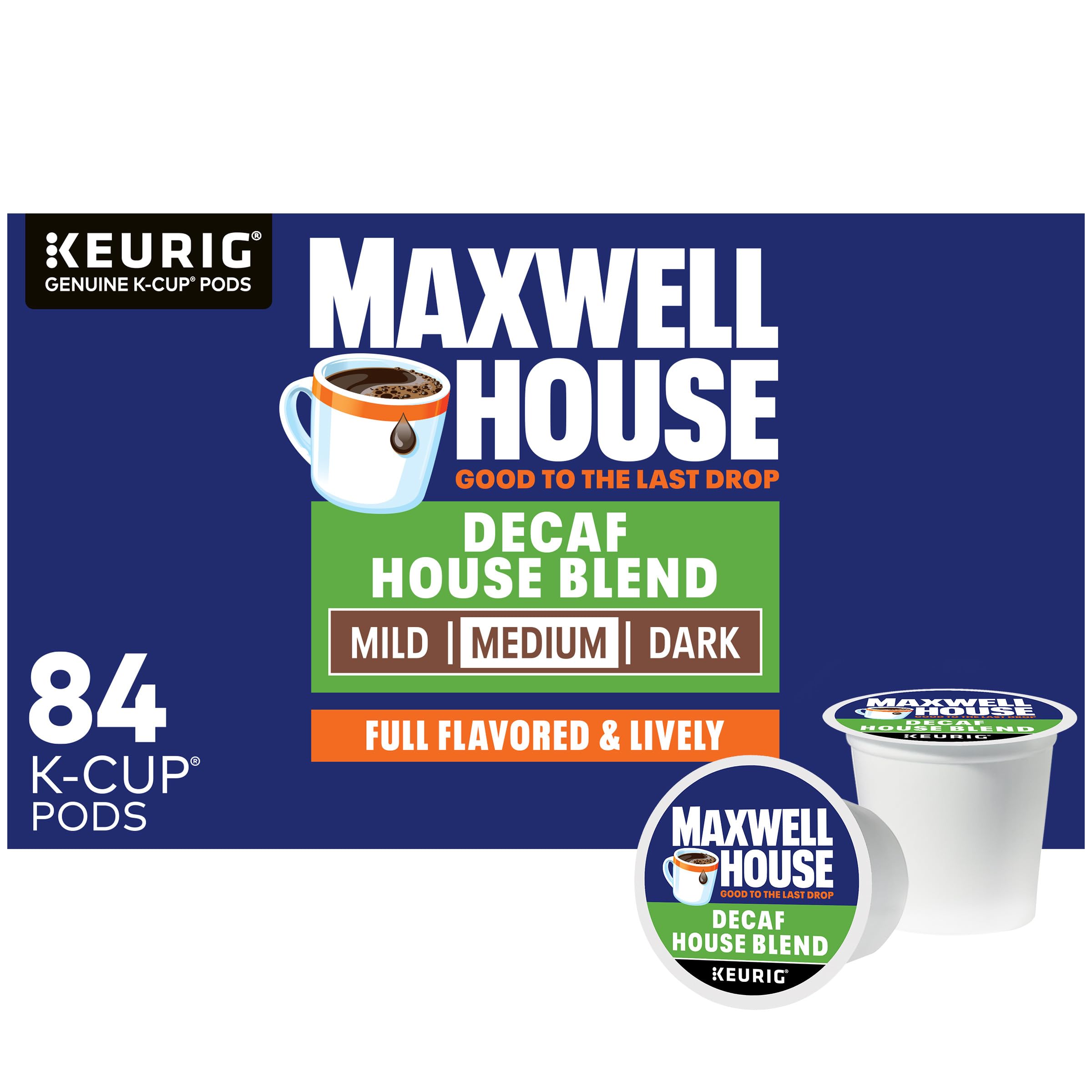 Maxwell House Decaf House Blend pod close-up showing smooth aroma.