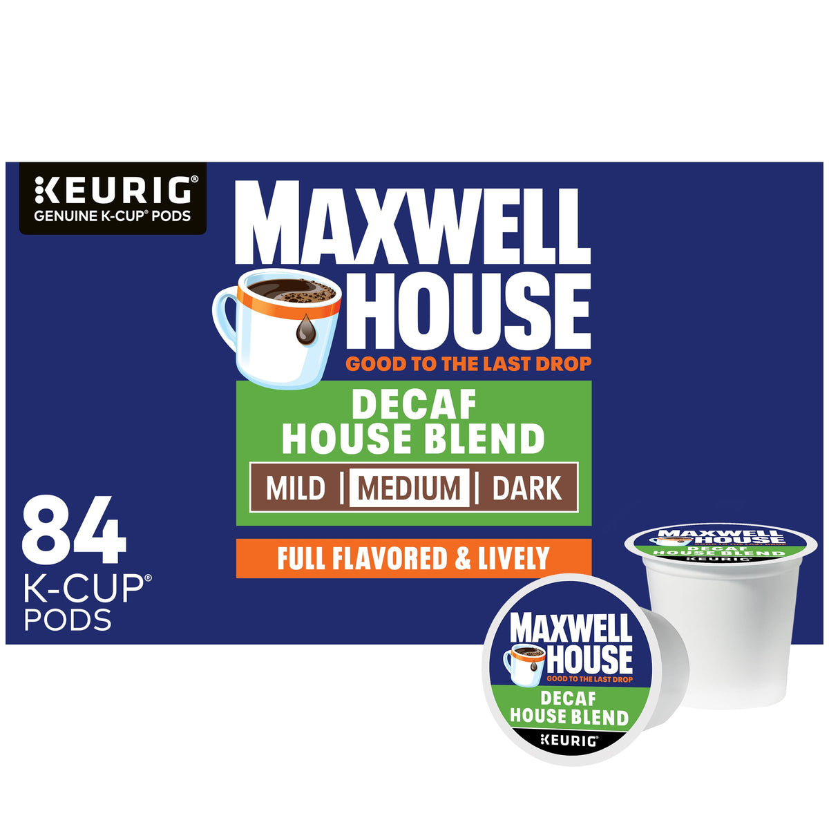 Maxwell House Decaf House Blend pod close-up showing smooth aroma.
