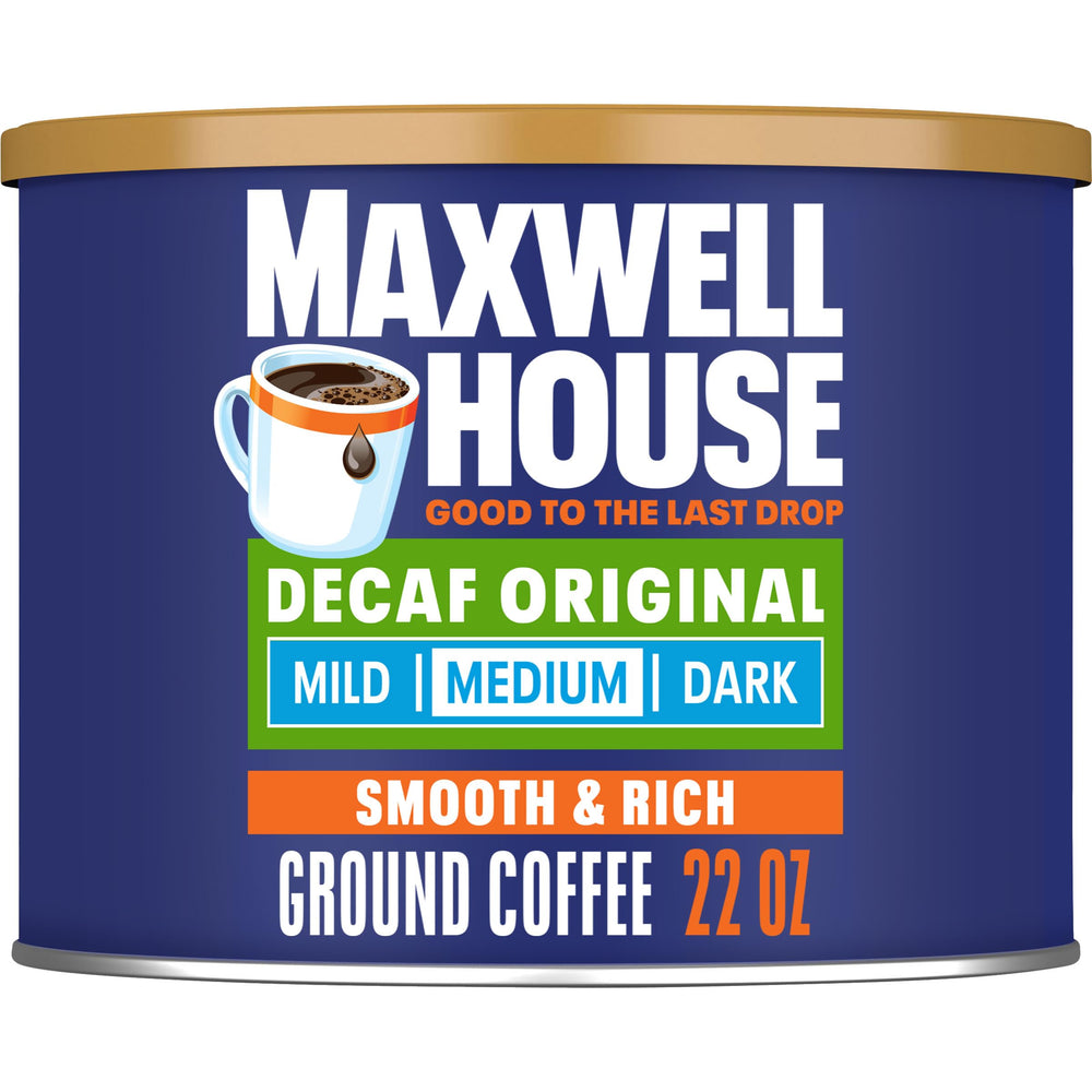 Maxwell House Decaf Original Medium Roast canister on kitchen counter ready to brew