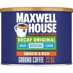 Maxwell House Decaf Original Medium Roast canister on kitchen counter ready to brew