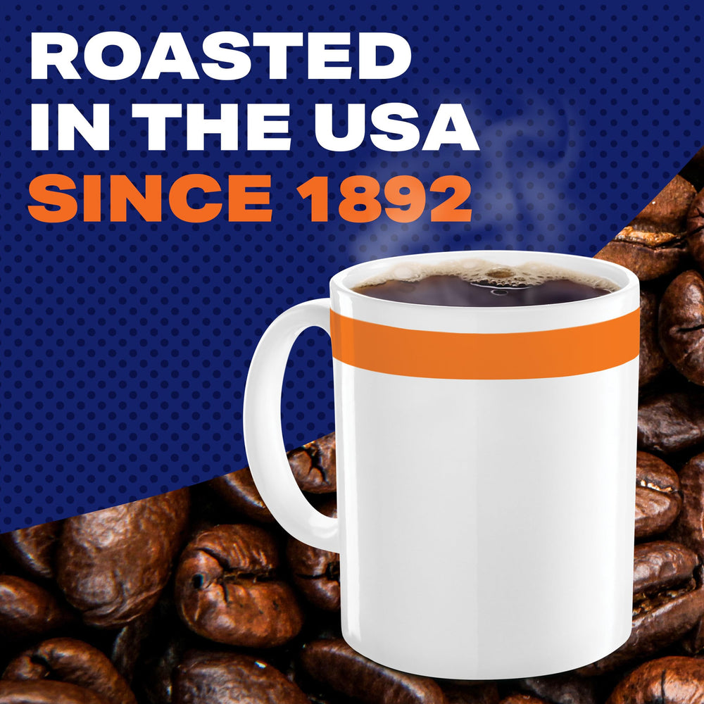 Pouring Maxwell House Decaf Original Medium Roast into a cup