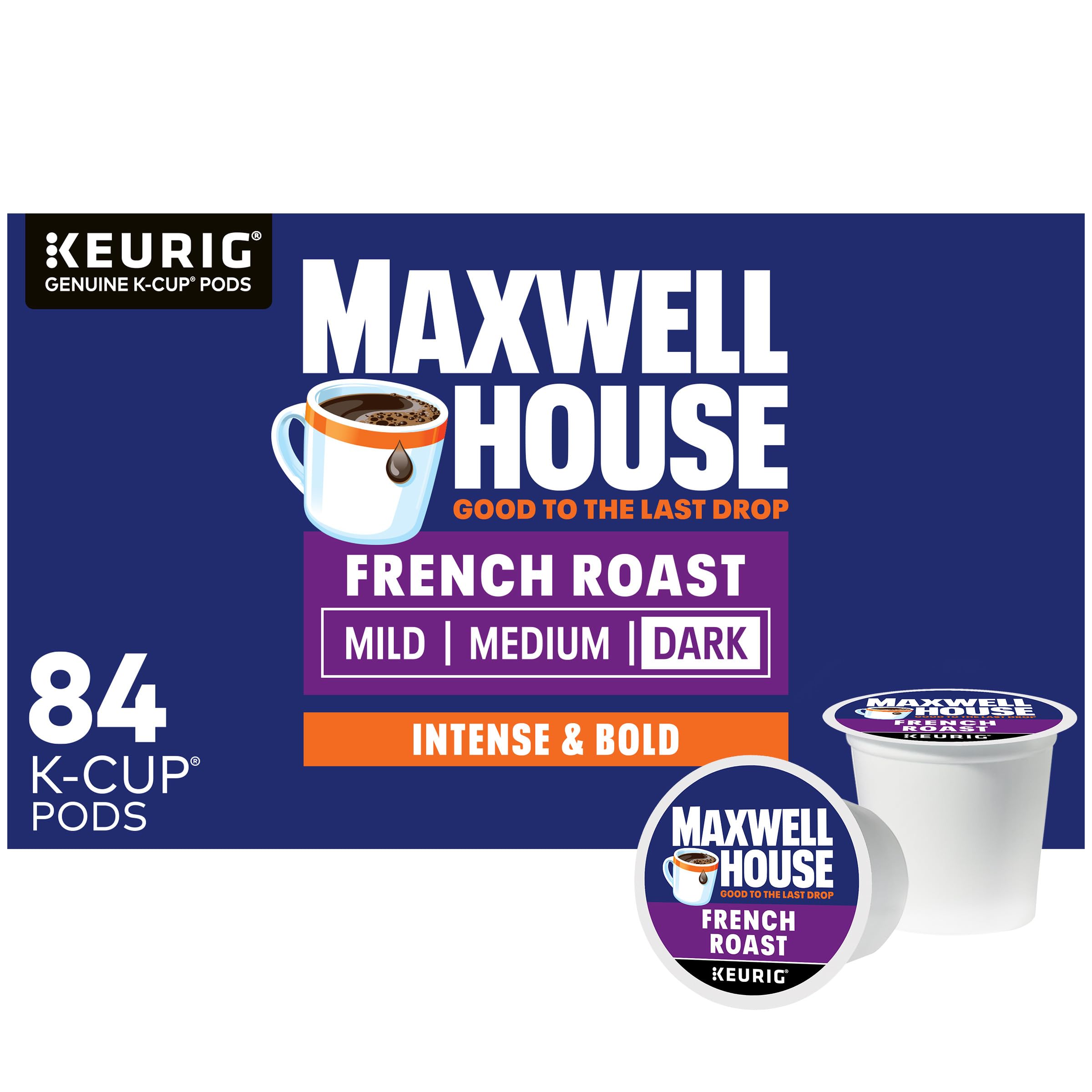 Maxwell House French Roast K-Cup pods 84-count box, bold flavor ready for busy mornings.