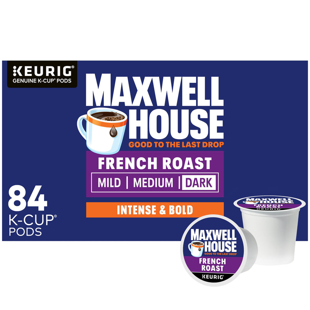 Maxwell House French Roast K-Cup pods 84-count box, bold flavor ready for busy mornings.