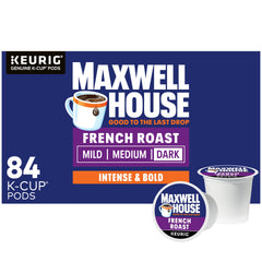 Maxwell House French Roast K-Cup pods 84-count box, bold flavor ready for busy mornings.