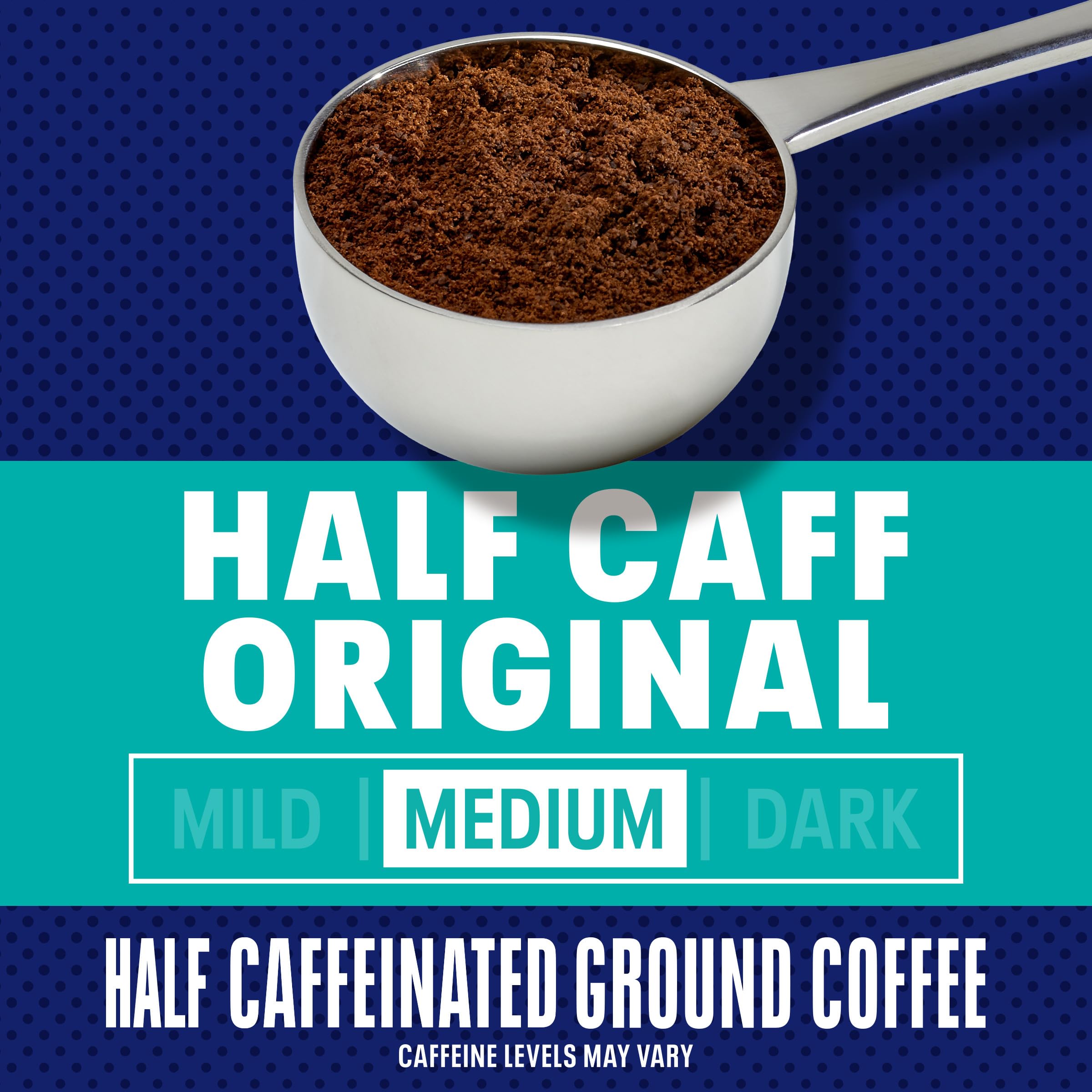 Aromas rising from Maxwell House Half Caff ground coffee texture close-up.