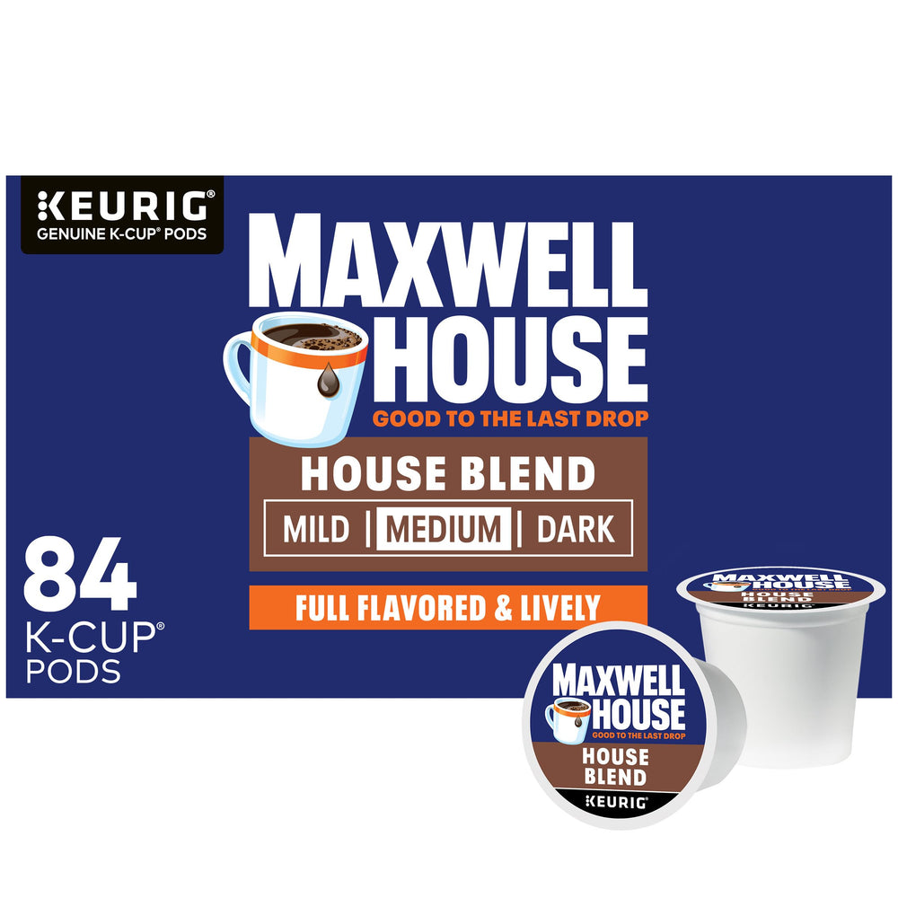 MAXWELL HOUSE House Blend 84-count box ready for daily routine.