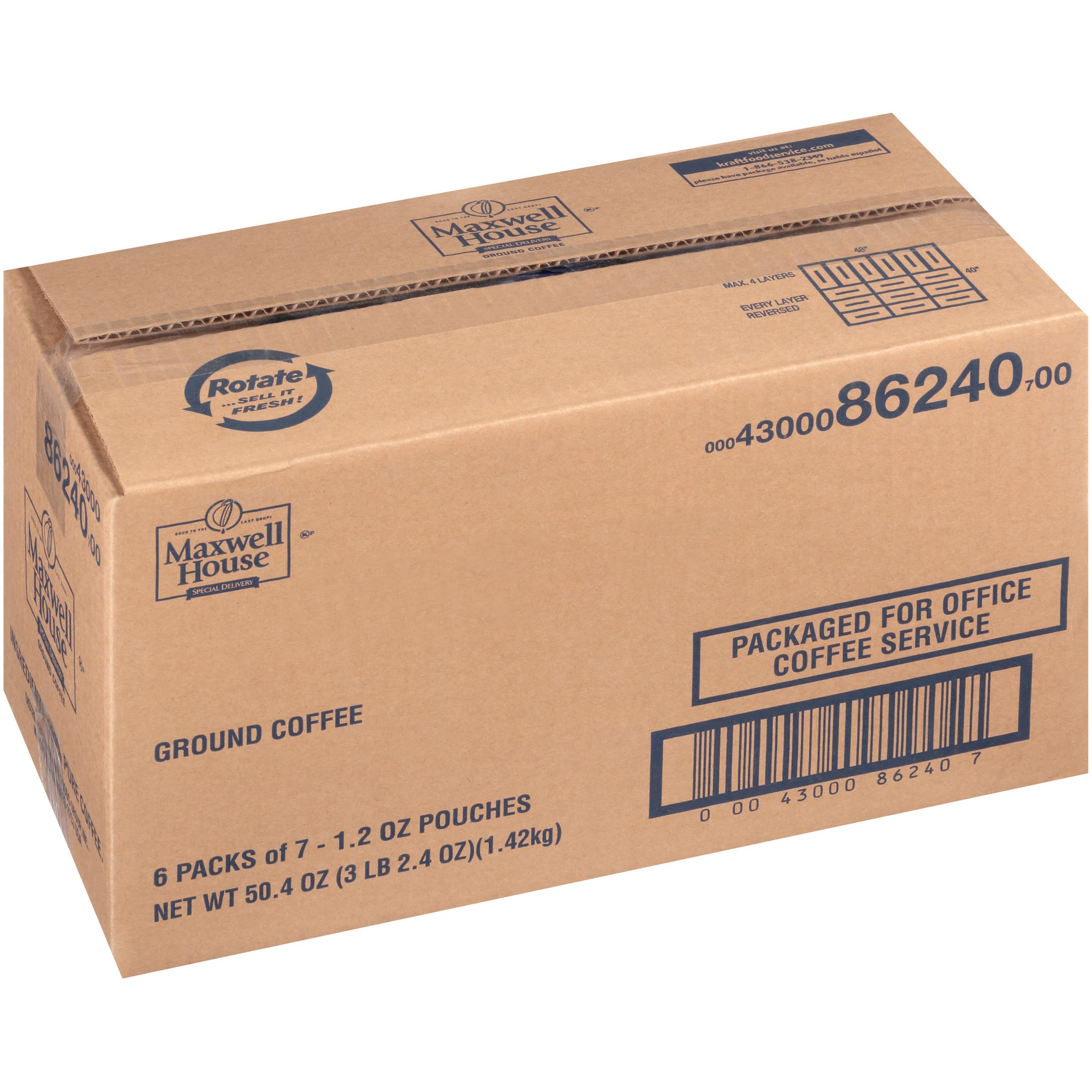 Maxwell House kitchen scene suggests convenient brewing for families.
