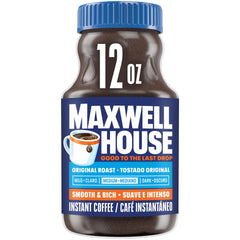 MAXWELL HOUSE Original Medium Roast instant coffee jar ready for quick, smooth coffee at home.