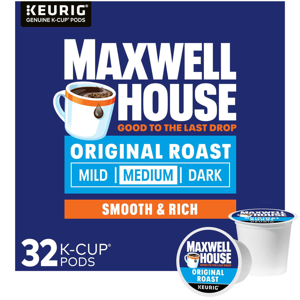 Maxwell House Original Roast K-Cup pods in a 32-count box front, ready for quick morning brewing.