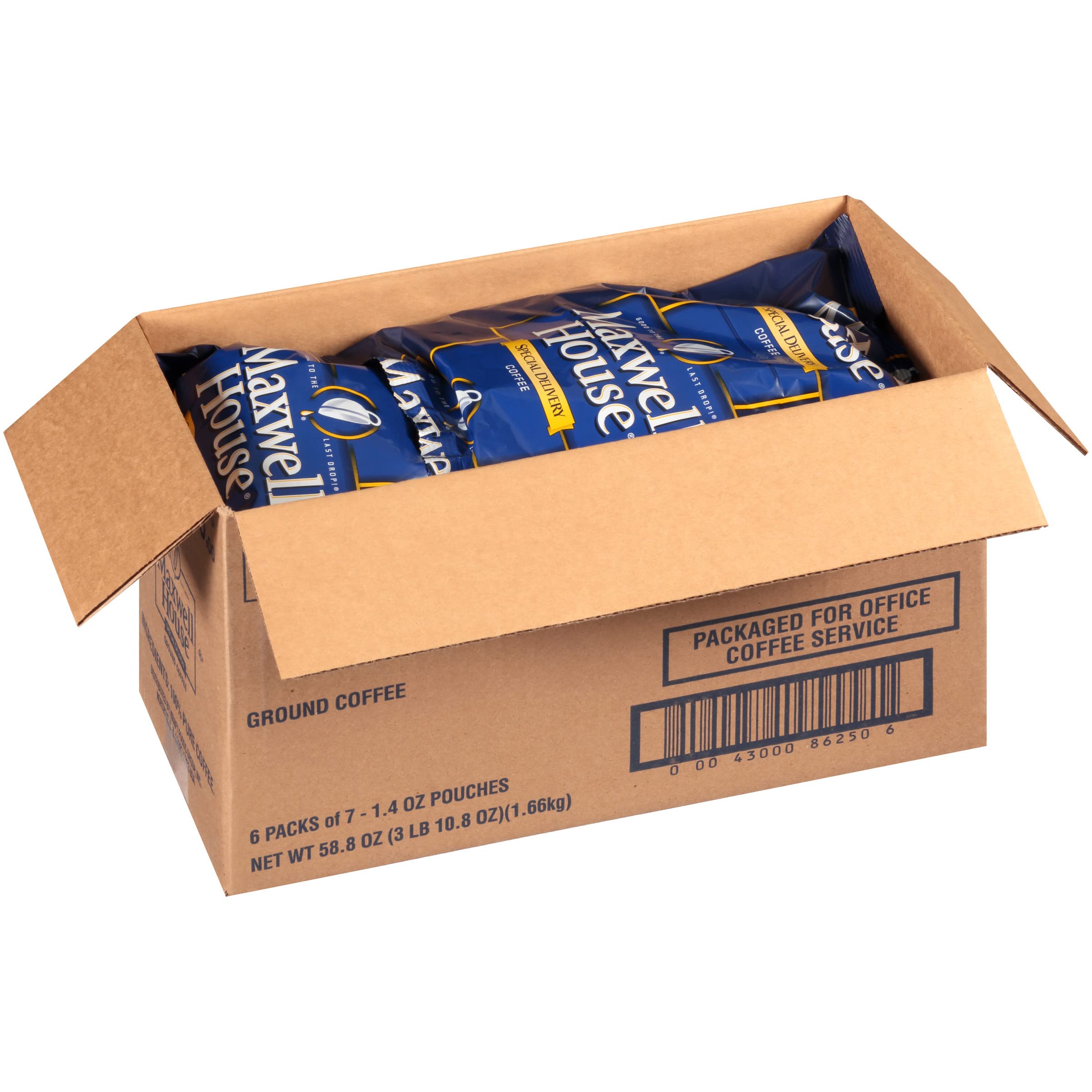 Pouring Maxwell House Special Delivery to brew a quick cup at work.