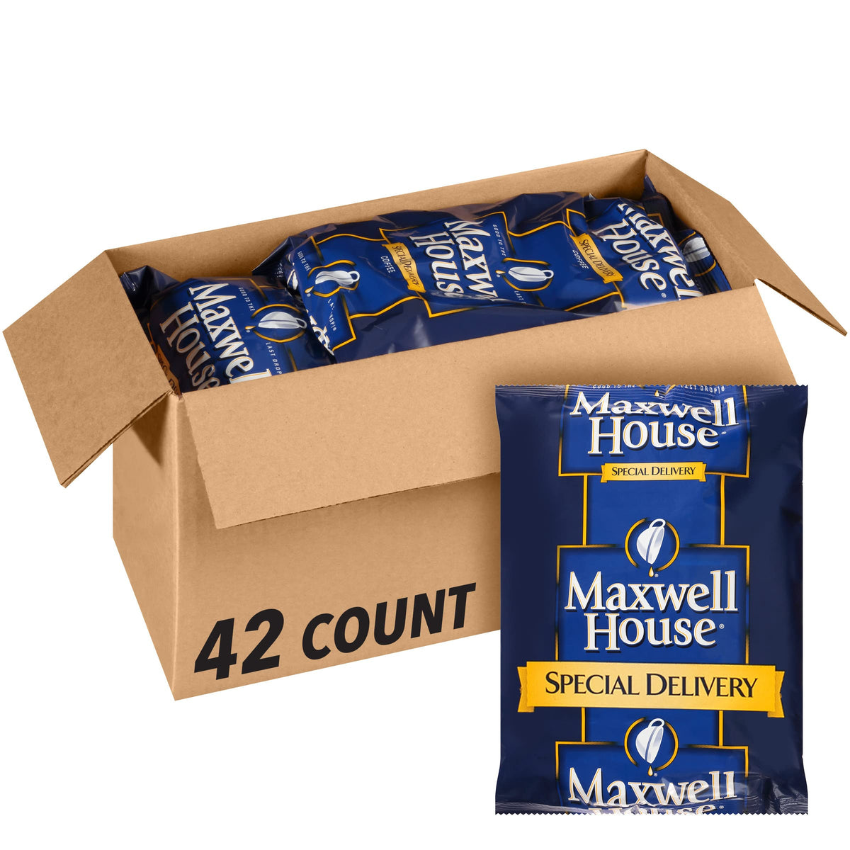 Maxwell House Special Delivery medium roast coffee bags ready for home brewing.