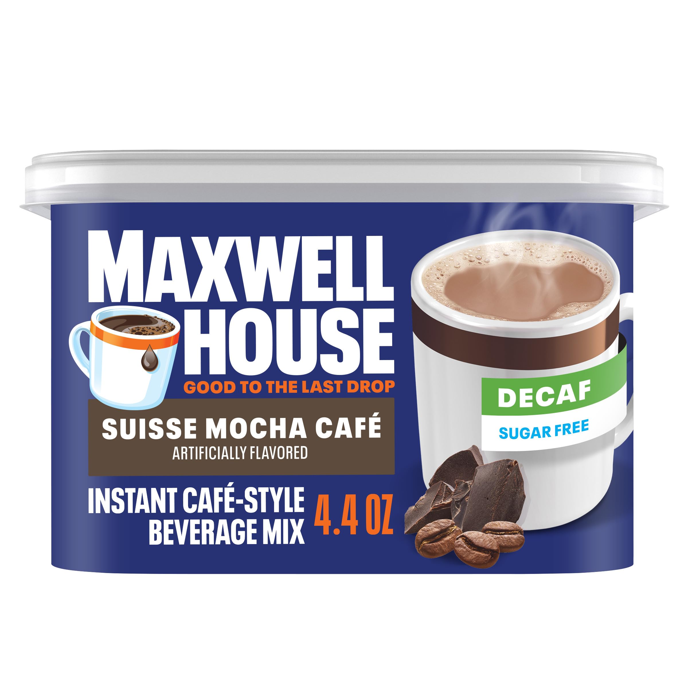 Maxwell House sugar-free decaf Suisse Mocha canister for quick cafe-style indulgence at home.