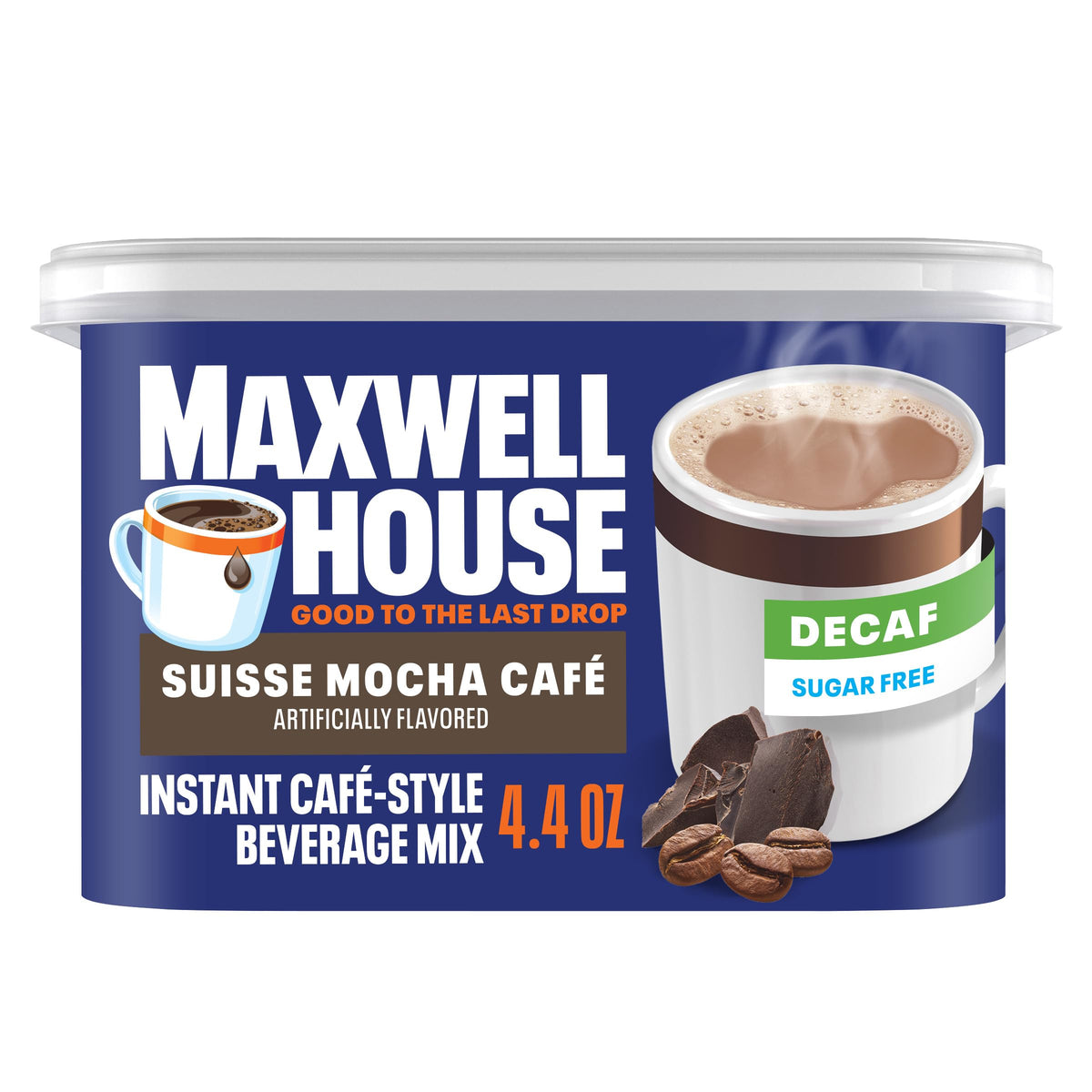 Maxwell House sugar-free decaf Suisse Mocha canister for quick cafe-style indulgence at home.