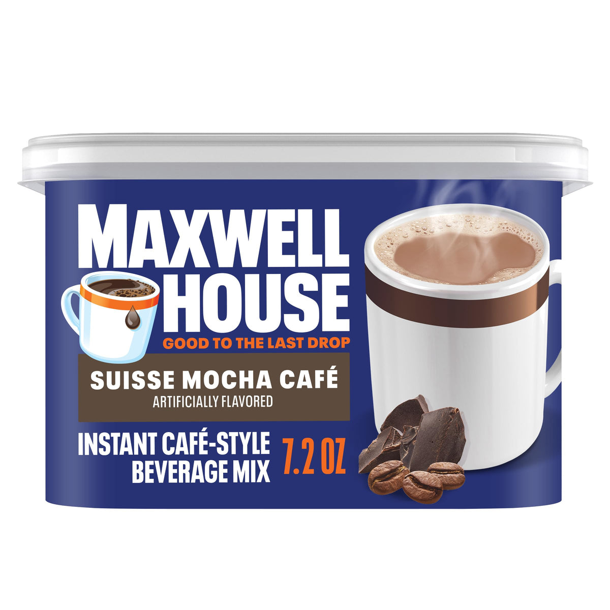 MAXWELL HOUSE Suisse Mocha Cafe instant canister front view for quick cafe-style coffee at home.