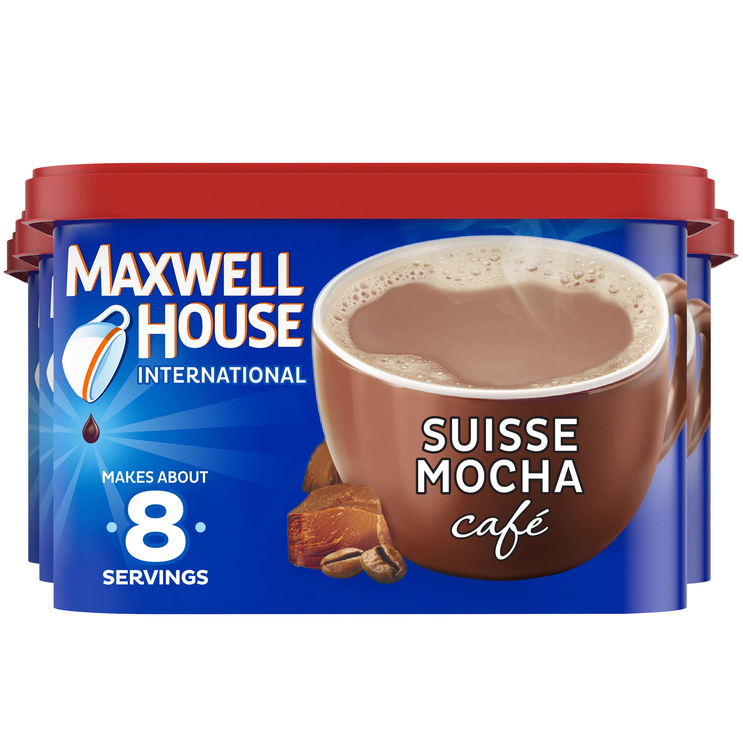 Maxwell House Suisse Mocha canister close-up for quick, flavorful servings.