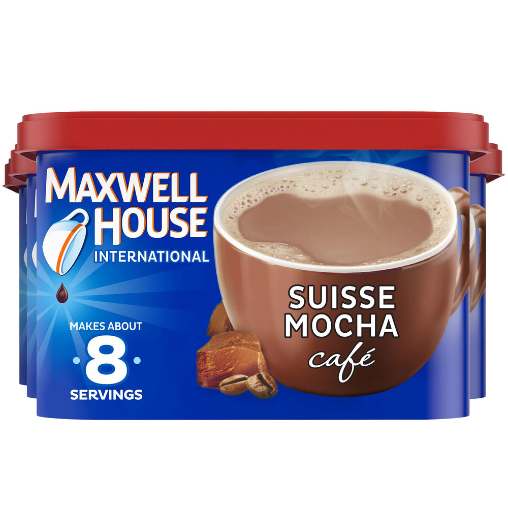 Maxwell House Suisse Mocha canister close-up for quick, flavorful servings.