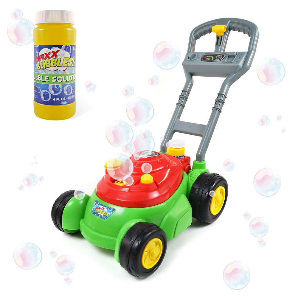 Maxx Bubbles Bubble-N-Go Mower front view releasing bubbles for outdoor play.
