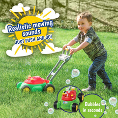 A child pushes the Bubble-N-Go Mower for imaginative outdoor play.