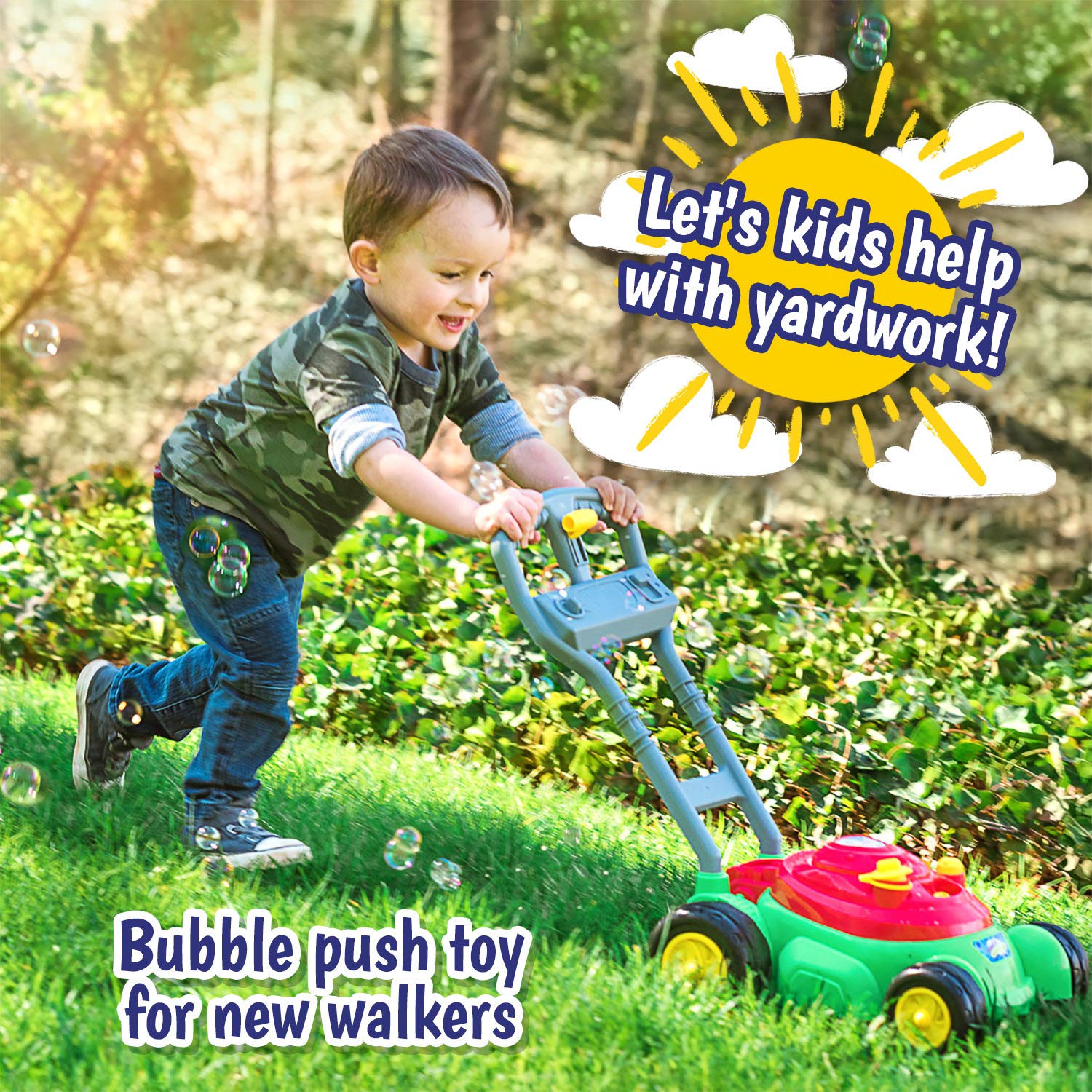 The mower emits mechanical sounds for engaging pretend yardwork.