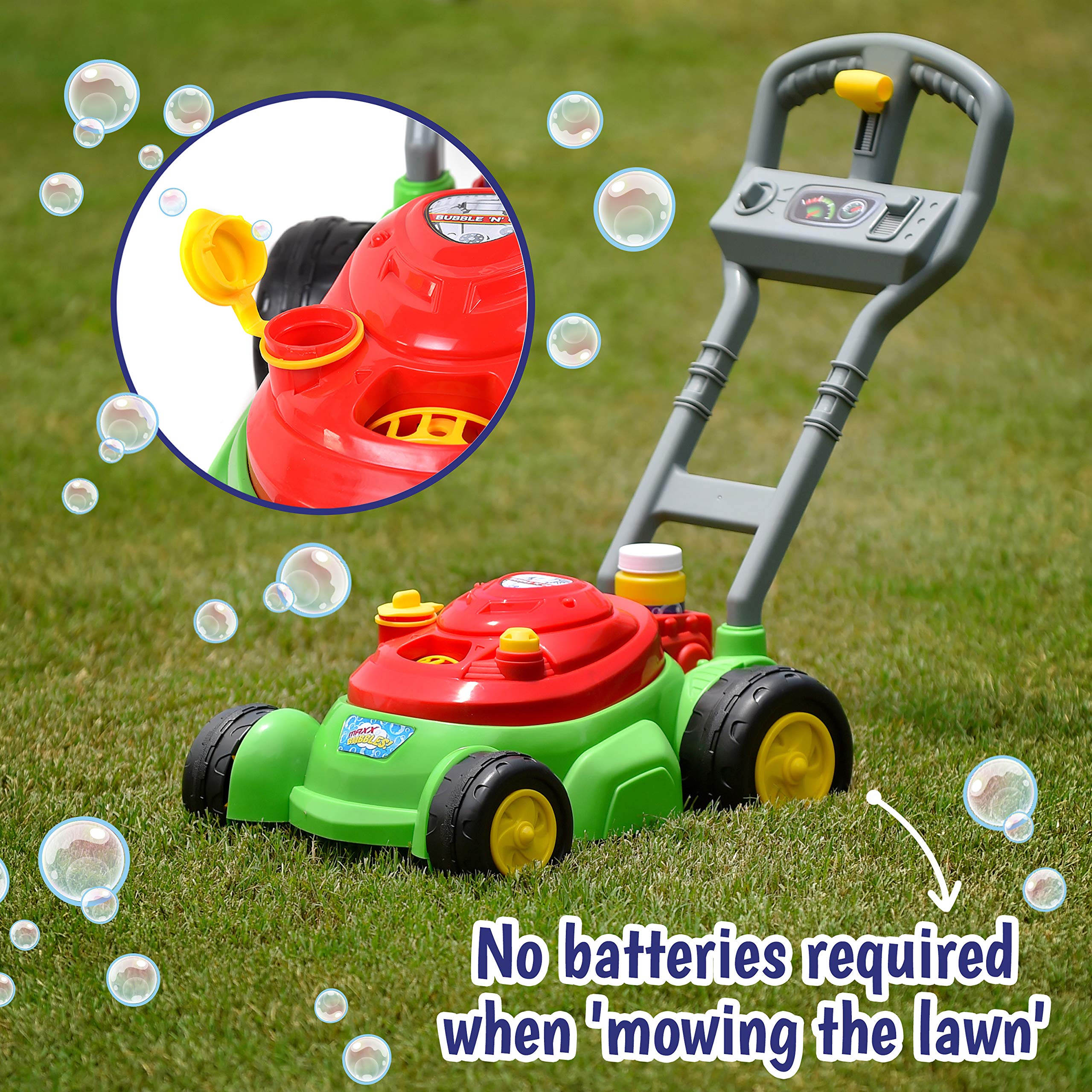 Rugged tires roll smoothly over grass for durable outdoor use.