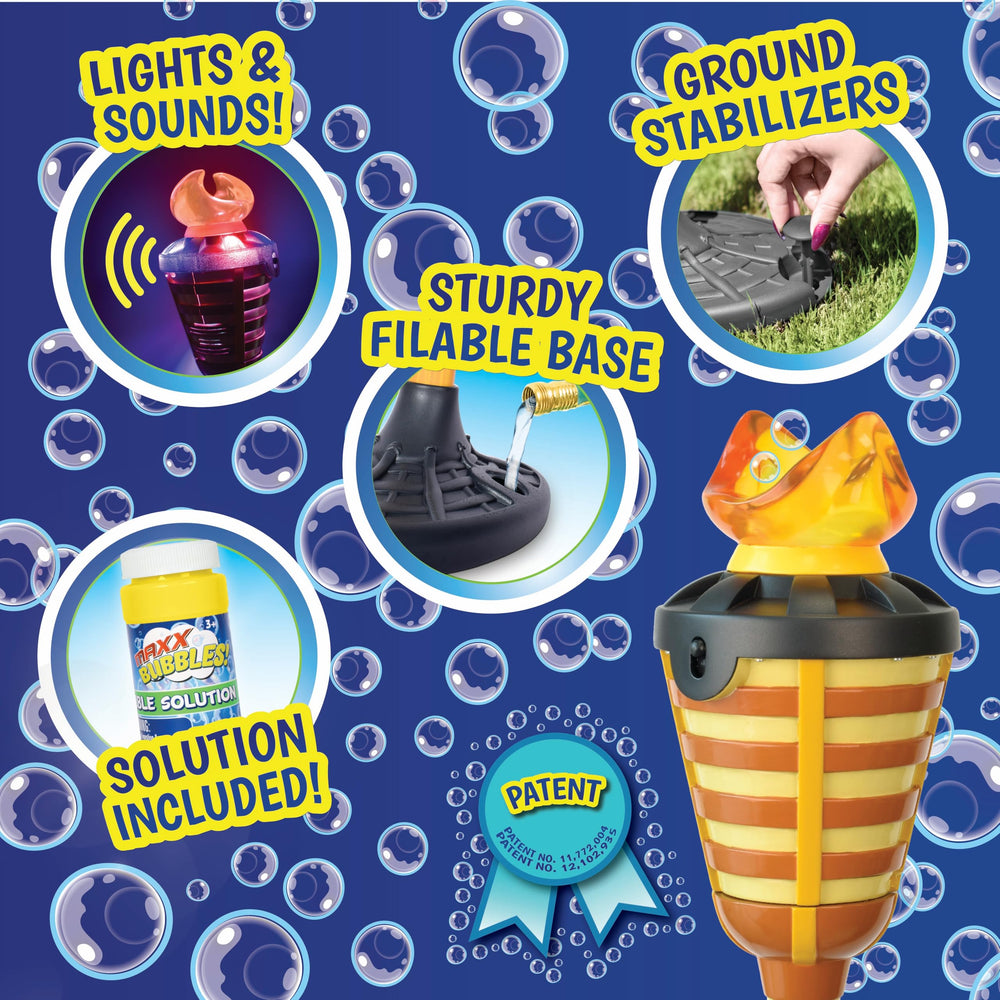 Easy assembly of the Maxx Bubbles Tiki Torch Bubbler shown in a backyard