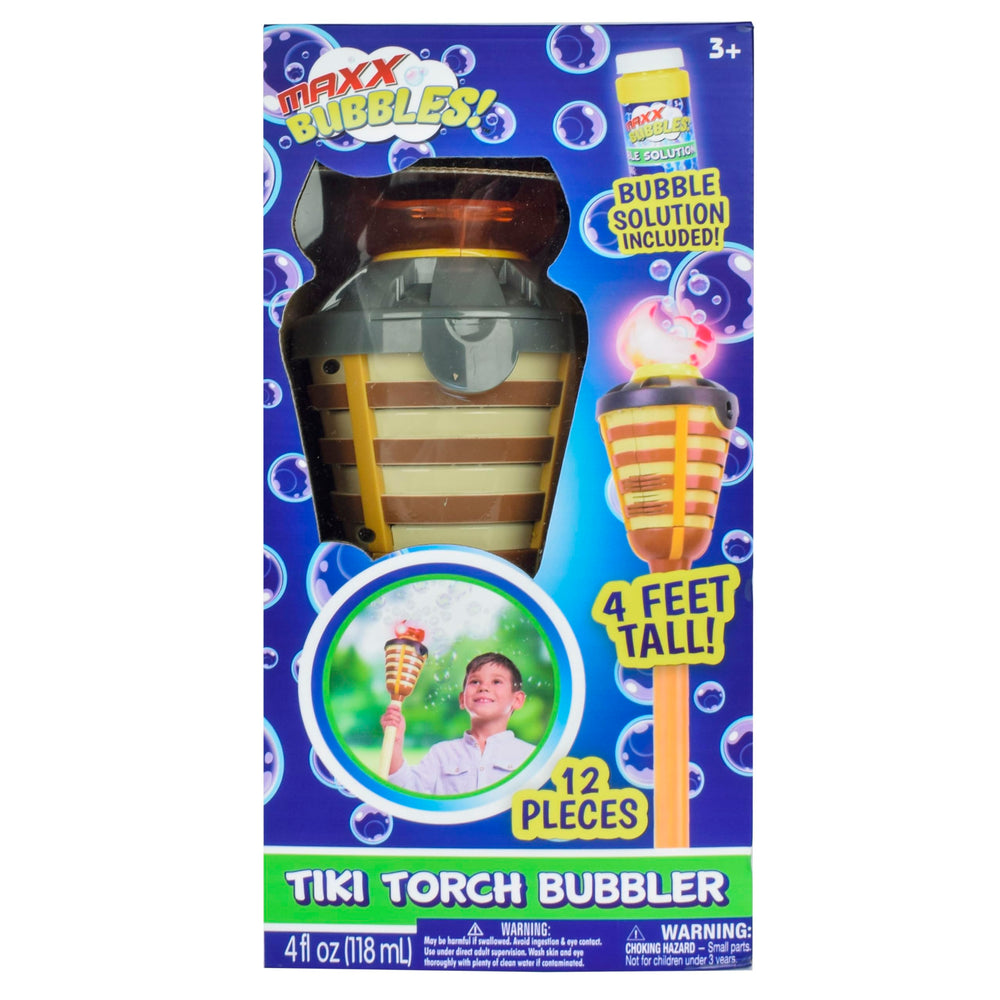 Kids enjoying bubbles from the Maxx Bubbles Tiki Torch Bubbler outdoors