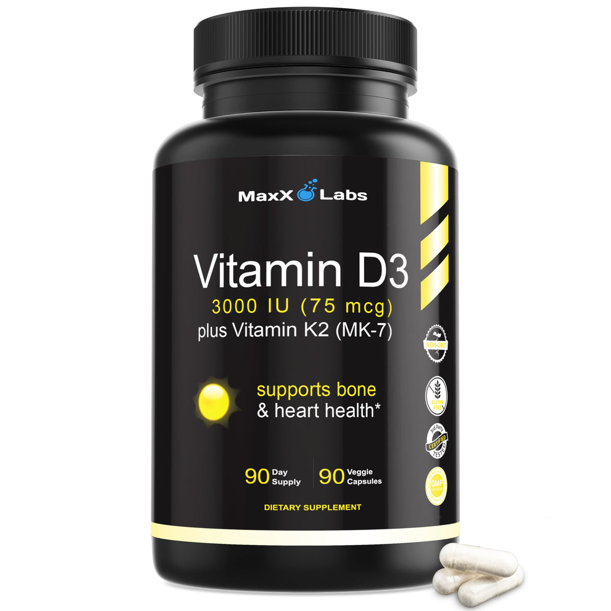 MaxX Labs Vitamin D3 K2 3000IU bottle for daily bone and immune support