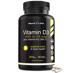 MaxX Labs Vitamin D3 K2 3000IU bottle for daily bone and immune support