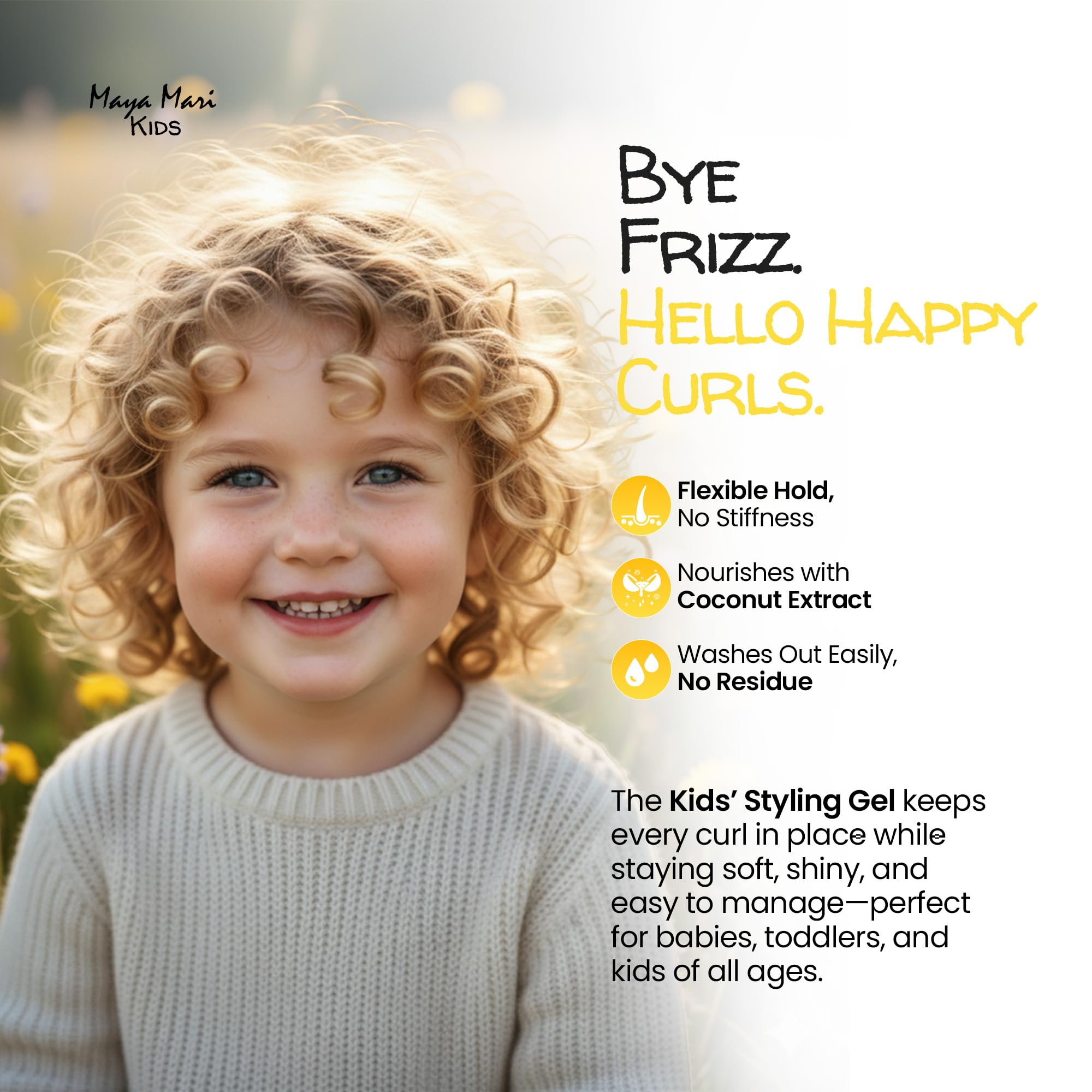 MAYA MARI Kids Gel near bottle and curls demonstrates soft hold.