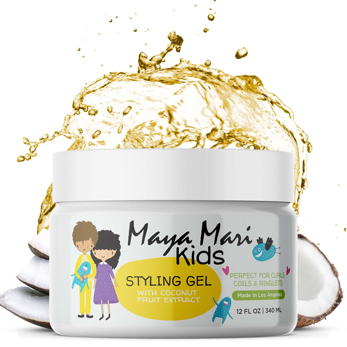 MAYA MARI Kids Hair Gel bottle with coconut extract for a soft, defined hold.