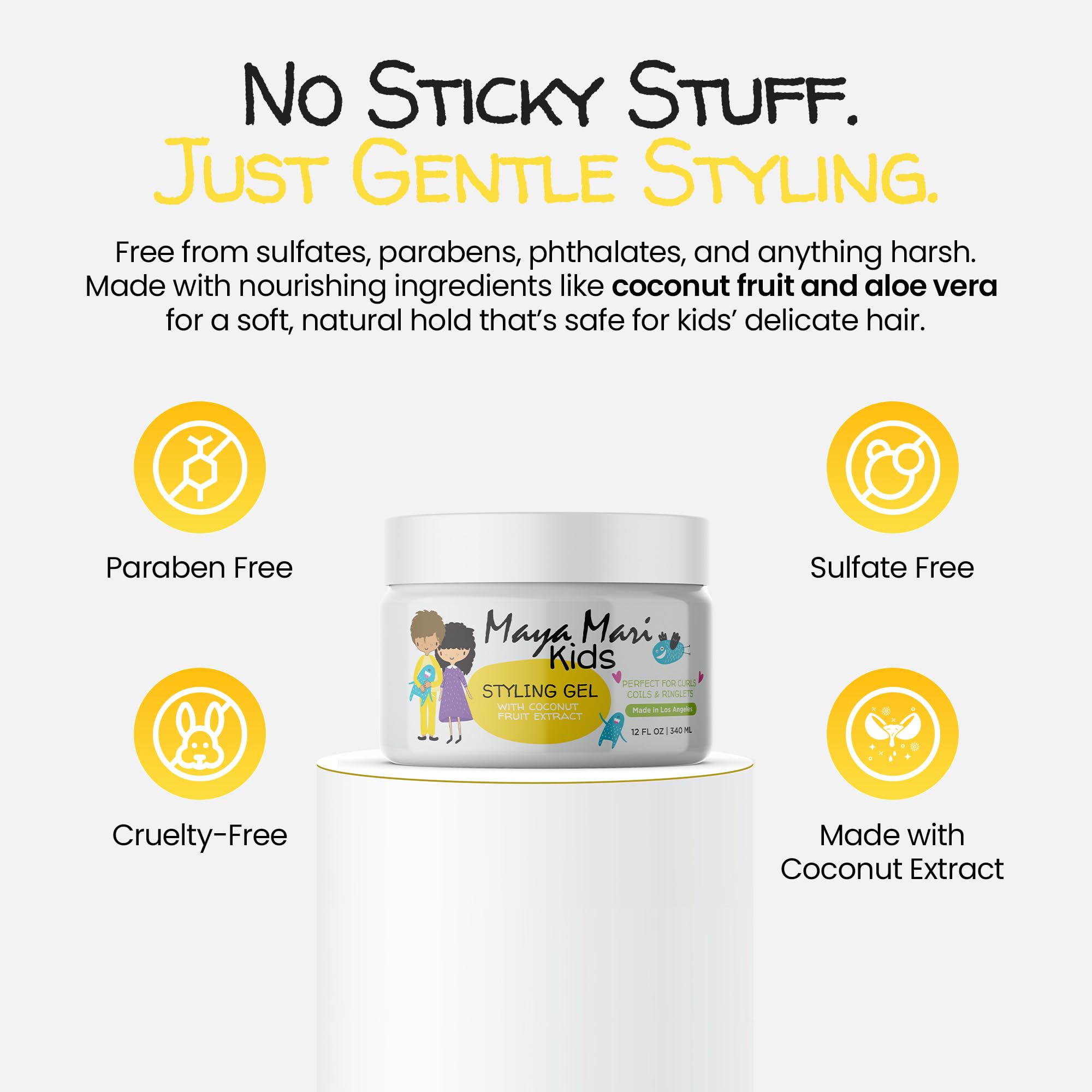 MAYA MARI coconut extract label emphasizes nourishing touch for kid's hair.