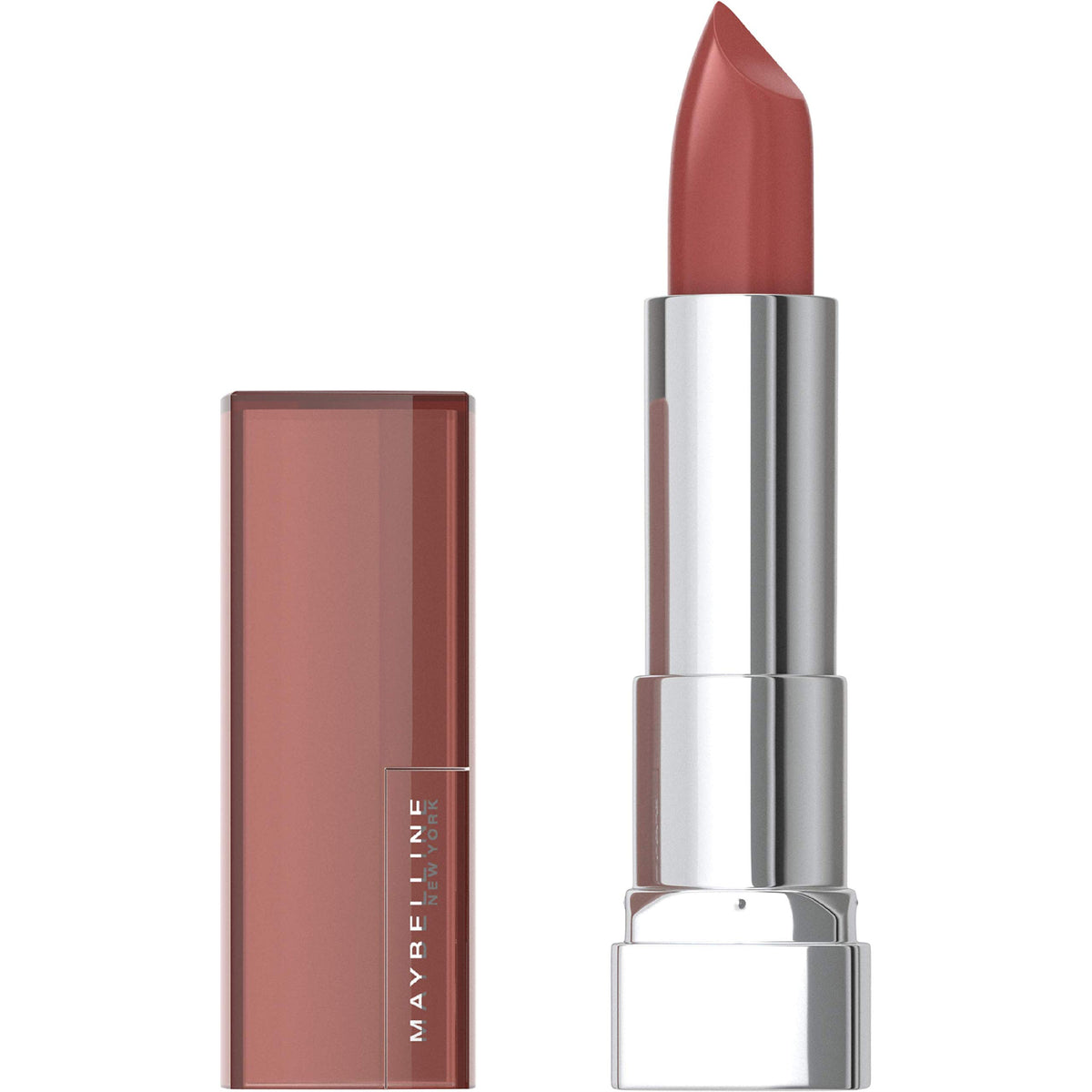 Maybelline Color Sensational Rum Riche lipstick bullet closeup shows rich nude shade.