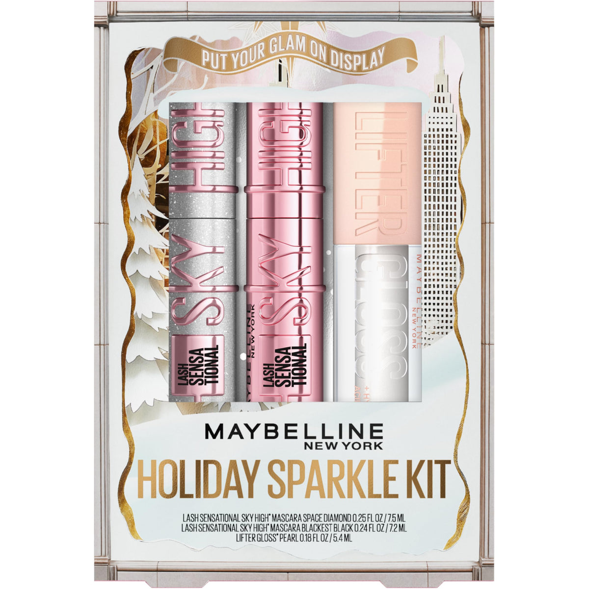 Maybelline Sky High mascara bottle demonstrates lengthening formula for dramatic lashes.