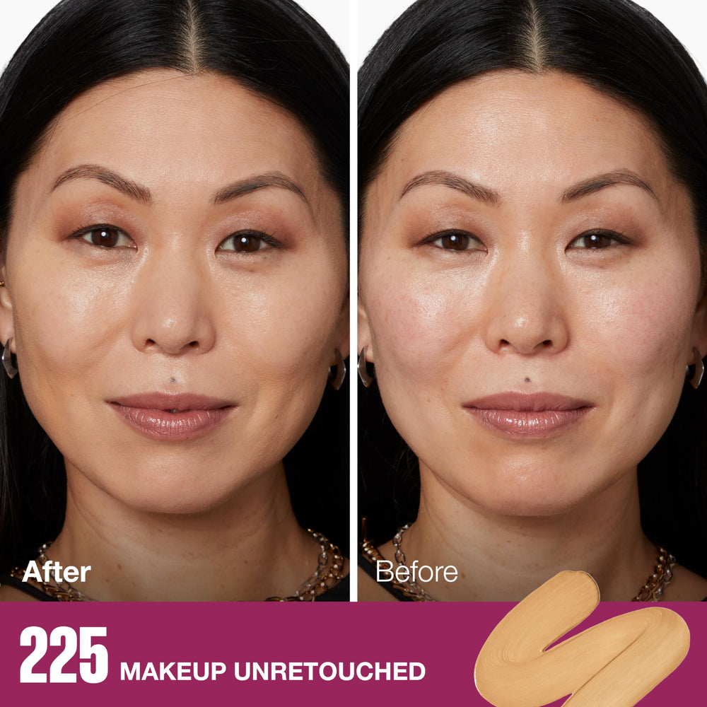 Maybelline SPF 20 foundation swatch highlighting natural creaseless finish.