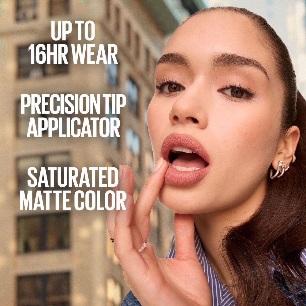 Maybelline SuperStay Matte Ink nude to red shade range shown.