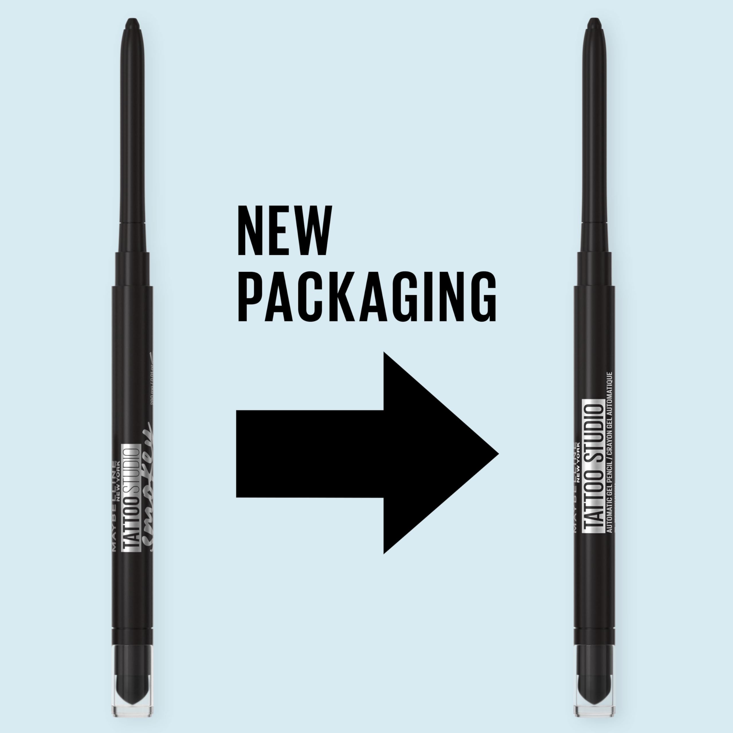 Maybelline Tattoo Studio shade Pitch Black swatch shows bold matte.