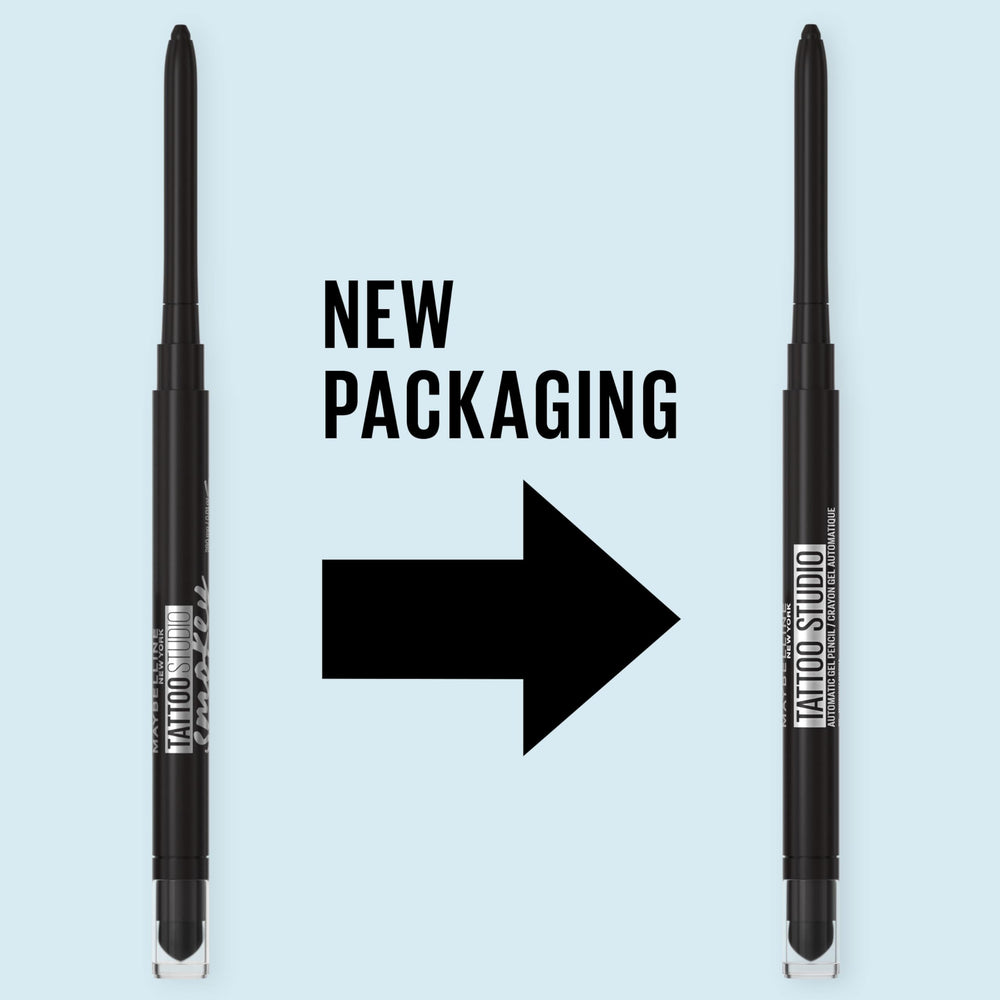 Maybelline Tattoo Studio shade Pitch Black swatch shows bold matte.