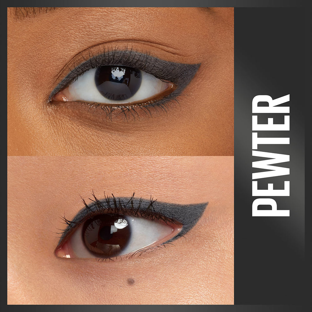 Close-up of Maybelline Unstoppable eyeliner application in pewter for smooth glide.