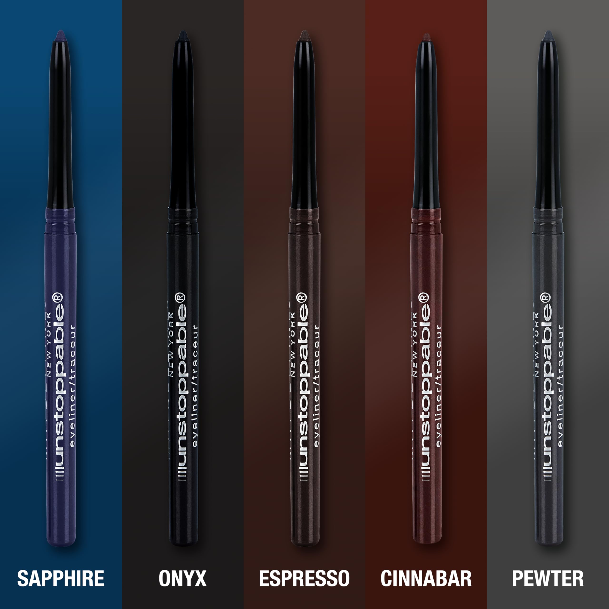 Maybelline Unstoppable Espresso self-sharpening tip stays sharp for clean lines.